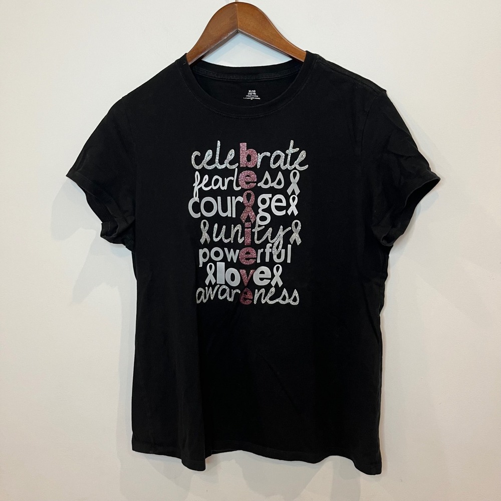 Breast Cancer Awareness Believe Graphic T-Shirt Black XL 16-18 Glitter Pink